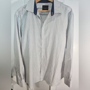Calabrum London Men's Dress Shirt XL White Blue Micro Dot Print Long Sleeve